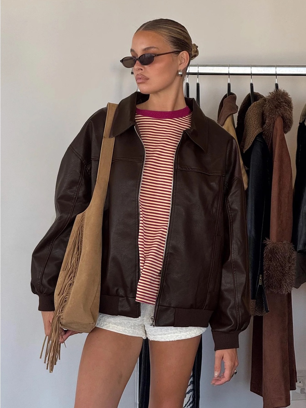 Princess Polly Dark Brown Faux Leather Bomber Jacket